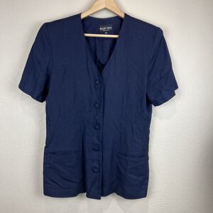 Ellen Figg Top Women 10 Blue Flax Button Front Vintage‎ Shoulder Pads